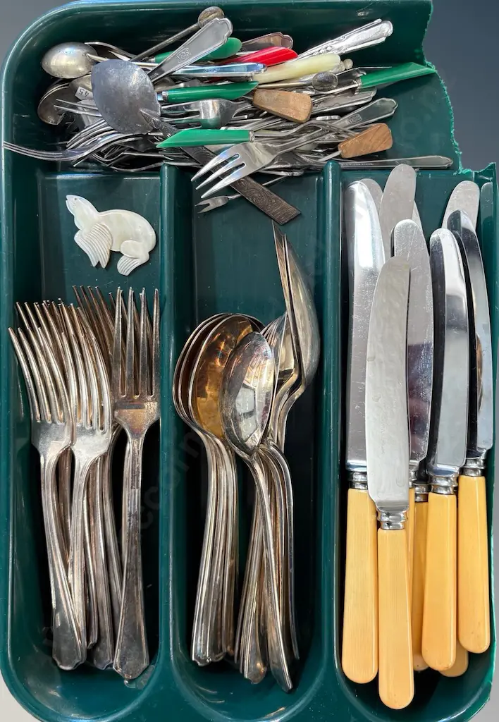 Sheffield Bone Handled Knives (2 Sets of 6), Silver Plate Forks and Spoon and Quantity of Pickle Forks Image 1++