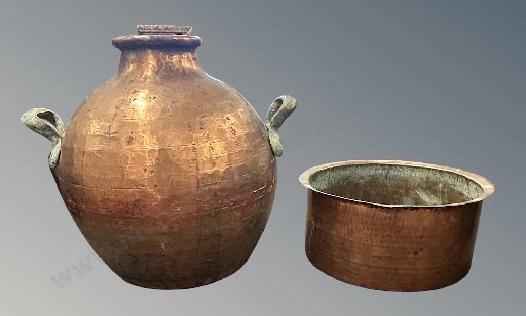 Egyptian Copper Two Handled Hand Hammered Water Vessel H30xD36 and Basin H14xD27cm Image 1++