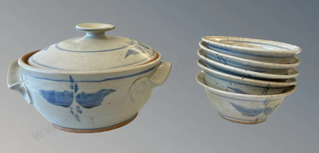 Peter Lange Pottery Lidded Dish and 5 Bowls,  AF chips, and Boxed Set of Silver Plate Cutlery Image 1++