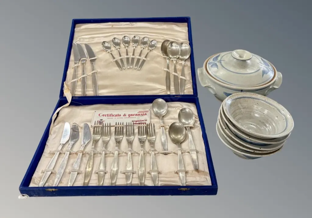 Peter Lange Pottery Lidded Dish and 5 Bowls,  AF chips, and Boxed Set of Silver Plate Cutlery Image 1++