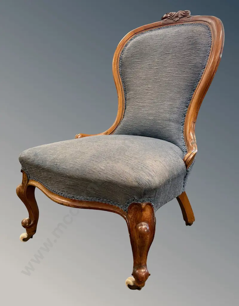 Victorian Walnut Framed Ladies Chair with Blue Upholstery Image 1++