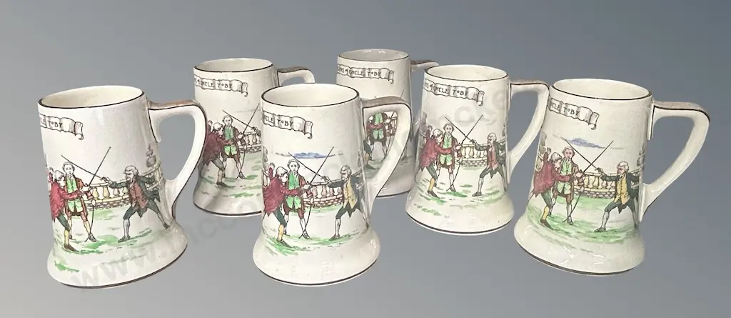 Set of 6 Royal Doulton Tankards, The Diversions of Uncle Toby, H15cm (hairline crack to one) Image 1++