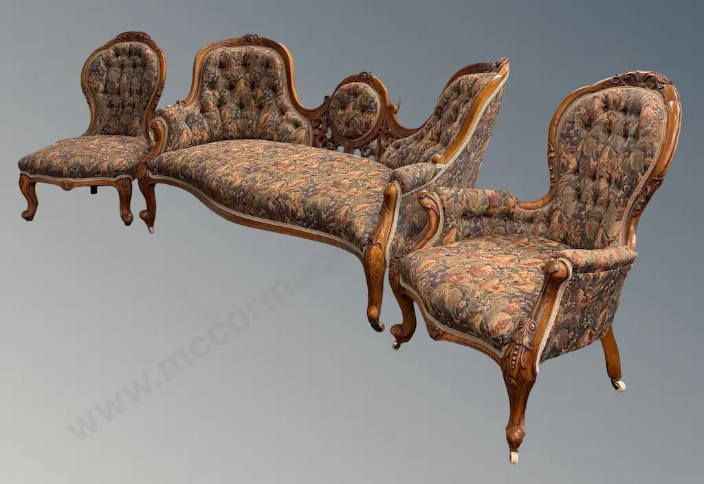 Floral Tapestry Upholstered Parlour Suite, Double Ended Chaise, Gentleman and Ladies Chairs Image 1++