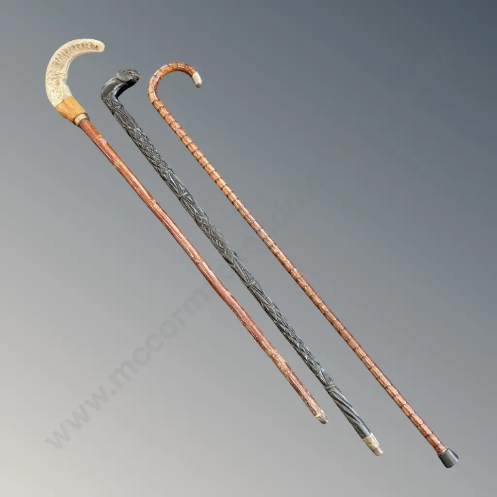 Three Walking Sticks - Horn Handled, Carved Elephant (AF) and Silver Mounted Image 1++