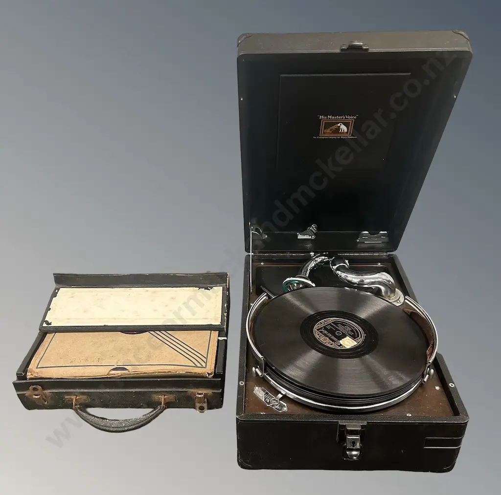 Leather Cased His Masters Voice Record Player and collection of 75 Records Image 1++