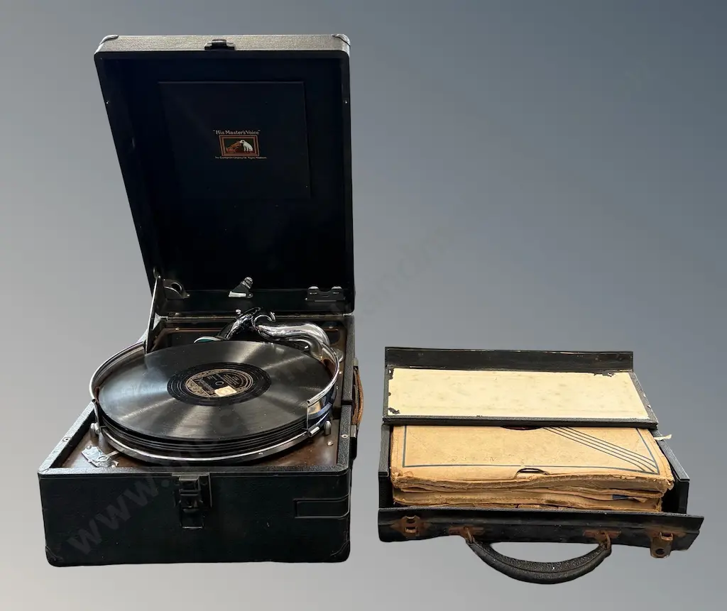 Leather Cased His Masters Voice Record Player and collection of 75 Records Image 1++