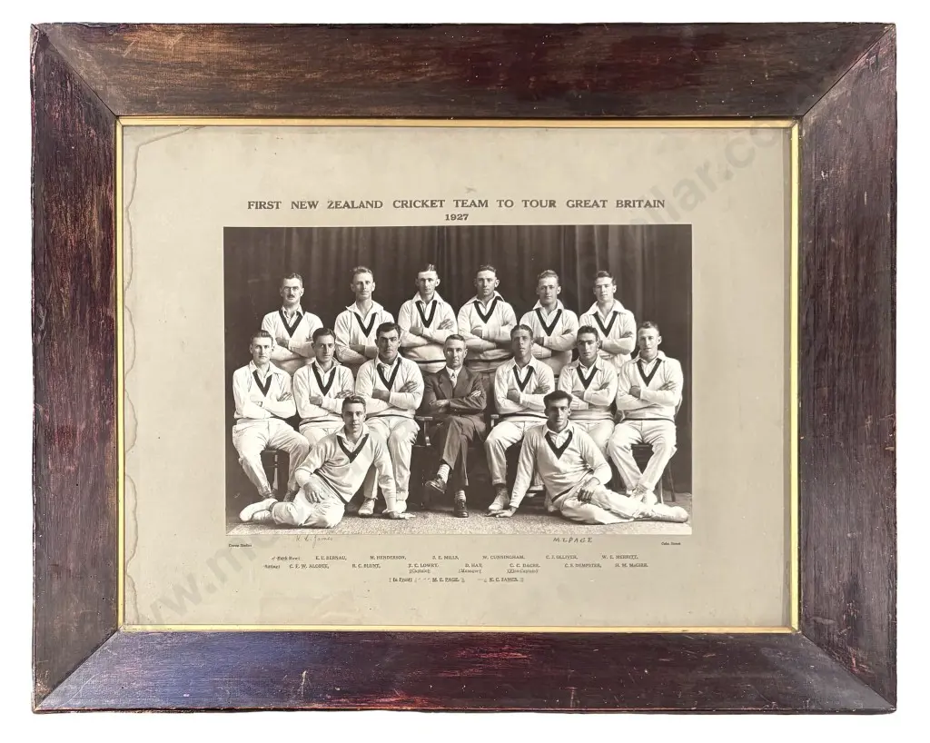 Oak Framed Photograph - First NZ Cricket Team to Tour Great Britain 1927, 260x400mm Image 1++