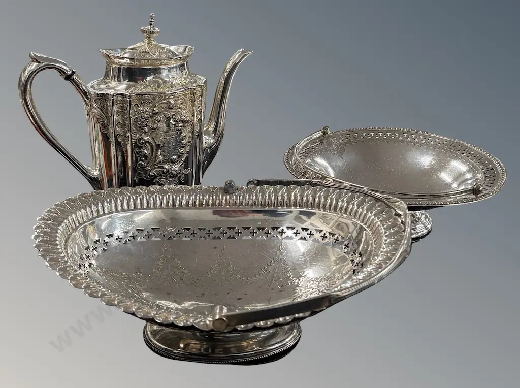 Two Silver Plate Open Weave Bonbon Dishes and Coffee Pot Image 1++