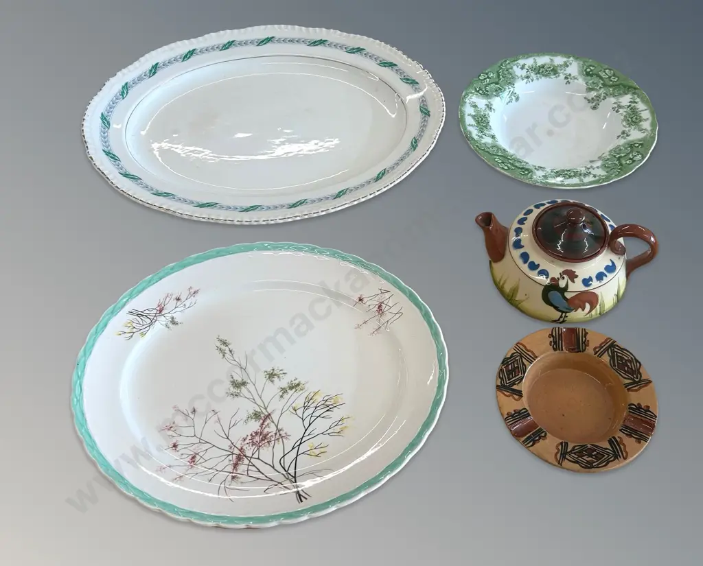 Two Porcelain Meat Ashets, Green & White Plate, De Kauba Ashtray and Ceramic Teapot (AF) Image 1++