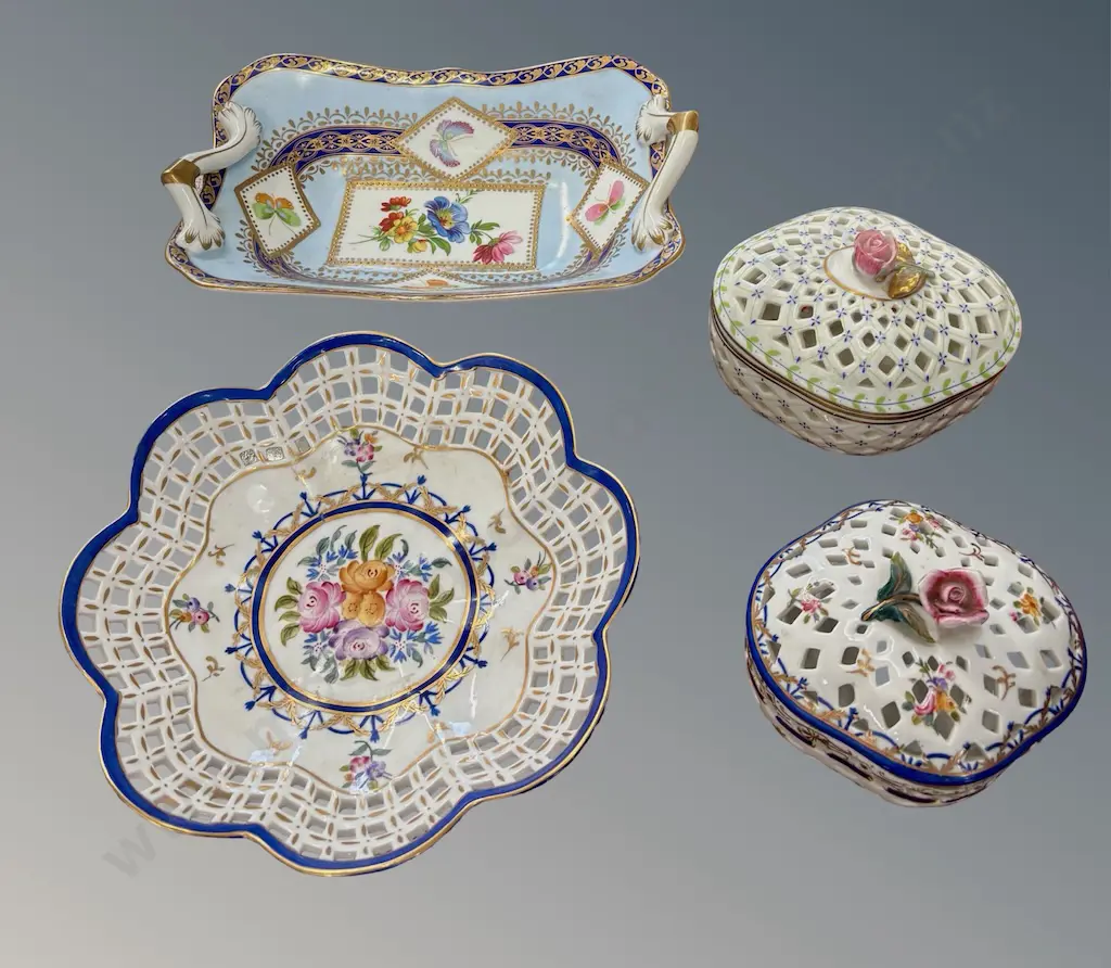 Two De la Reine Open Work Potpourri, Plate and Twin Handled Porcelain Dish Image 1++
