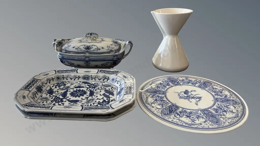 Two Blue and White Floral Porcelain Platters, Spode Cheese Plate, Burslem Tureen, Gidon-Bing Coffee Perculator Image 1++