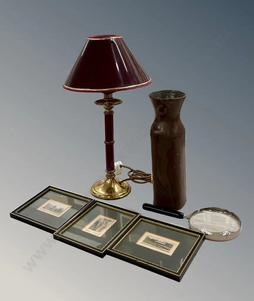 Burgundy and Brass Table Lamp, H48cm, Pottery Vase, H31.5cm, Magnifying Glass and 3 Early Framed Pictures of Buildings Image 1++
