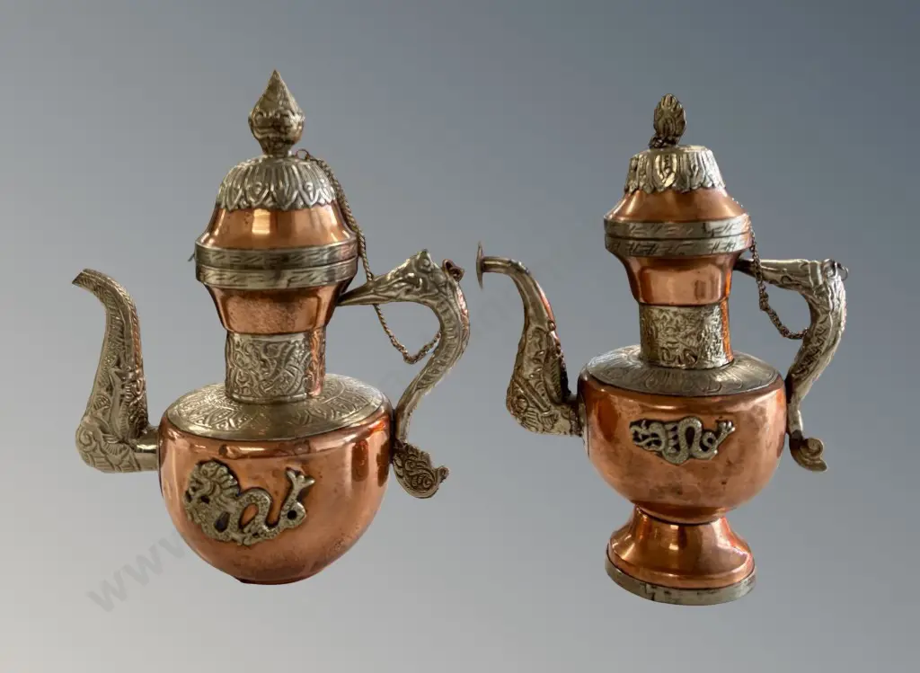 Tibetan Copper and Silver Plate Teapots with Dragon Motifs H22-23cm Image 1++