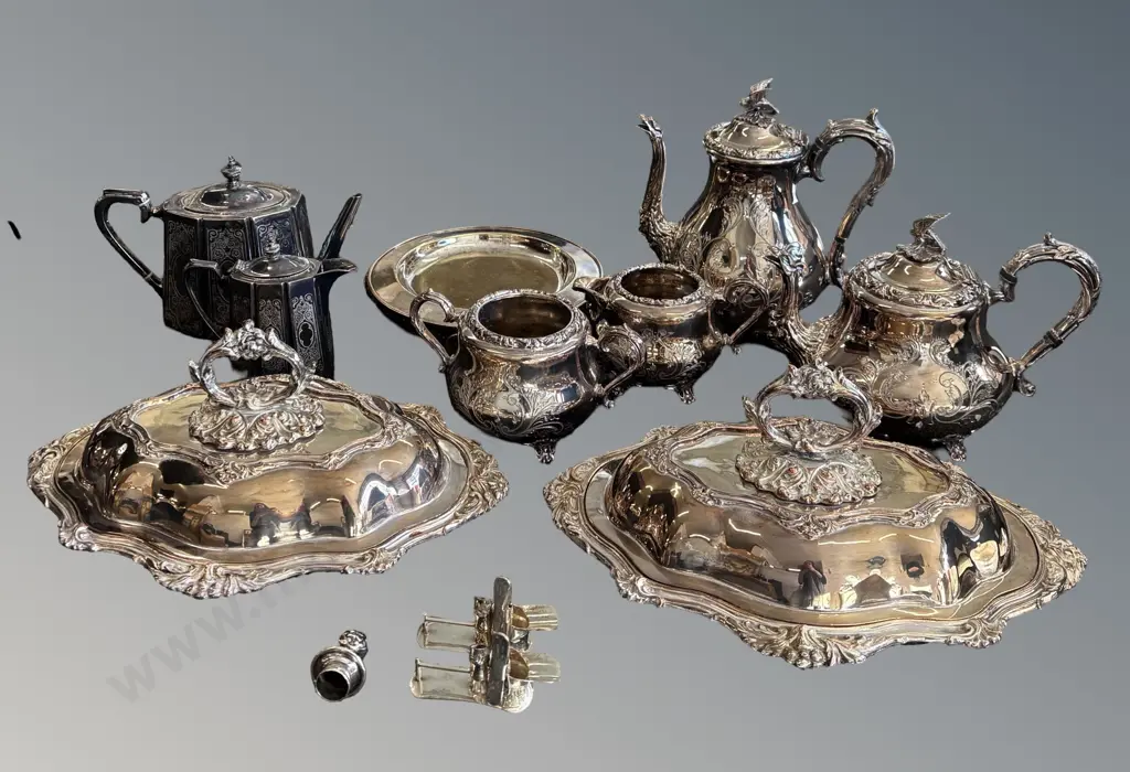 Sheffield Plate Lidded Entree Dishes, Coffee Pots and Teapots and 2 Name Plates Image 1++