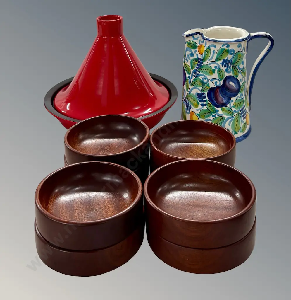 Italian Hand Painted Pitcher AF chip to spout, Tagine and 8 Wooden Bowls Image 1++