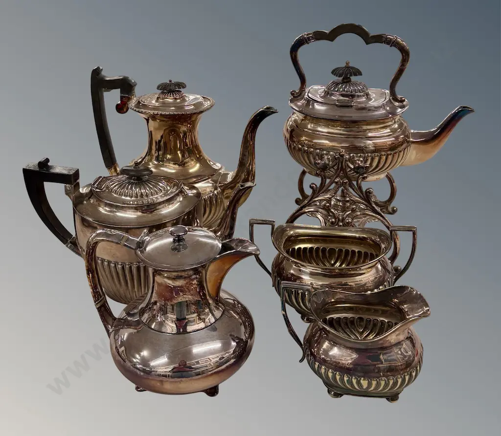 Sheffield Silver Spirit Kettle, Coffee Pot, Tea Pots, Sugar Bowl and Creamer Image 1++