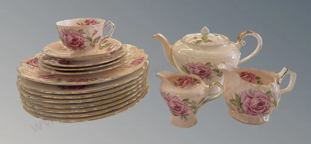 Aynsley Pink Rose Teapot, Creamers (2), Cup, Saucer, Side Plates (3), Lunch Plates (8) Image 1++