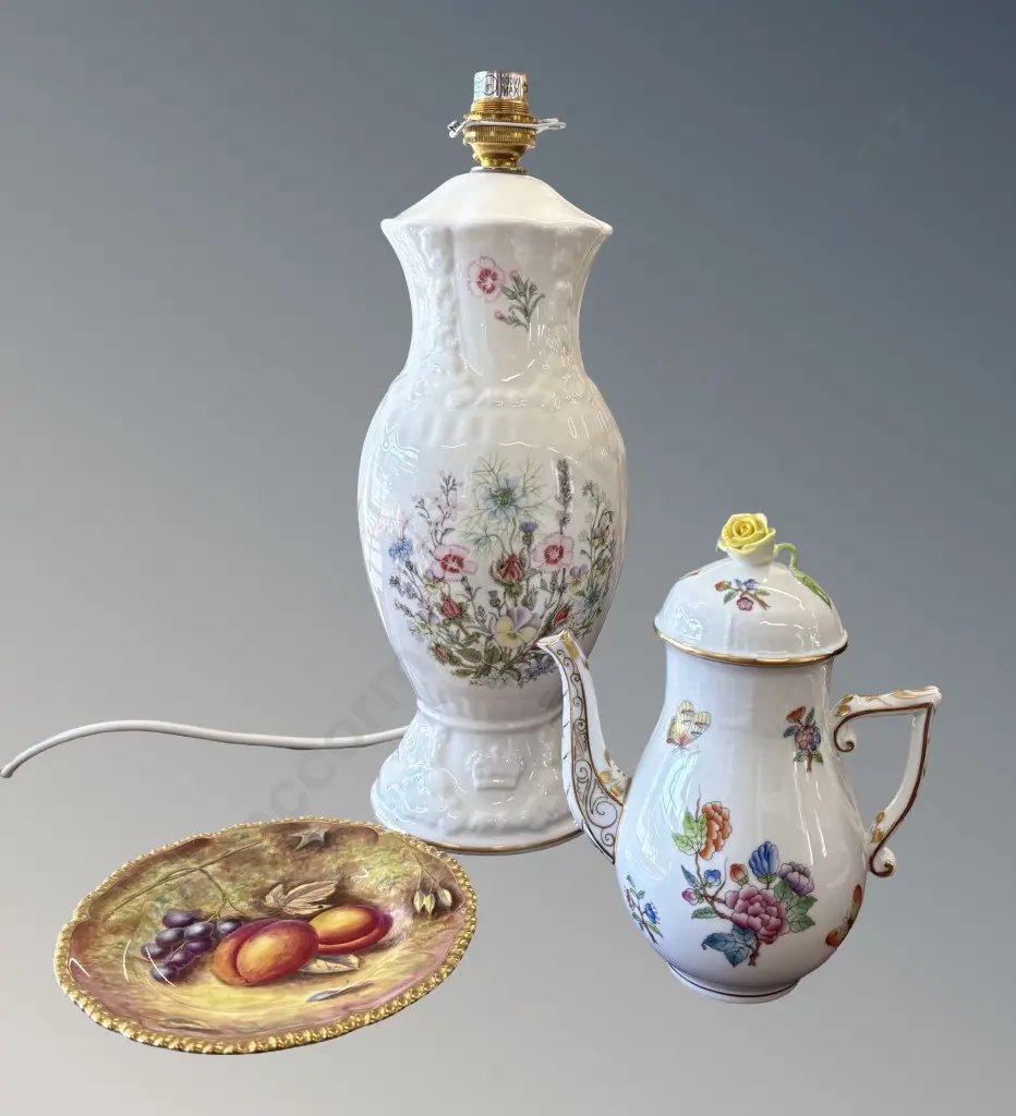 Royal Worcester Side Plate signed K. Bettison D15cm, Herend Porcelain Teapot with Floral Lid H17cm & Aynsley Lamp Base Image 1++