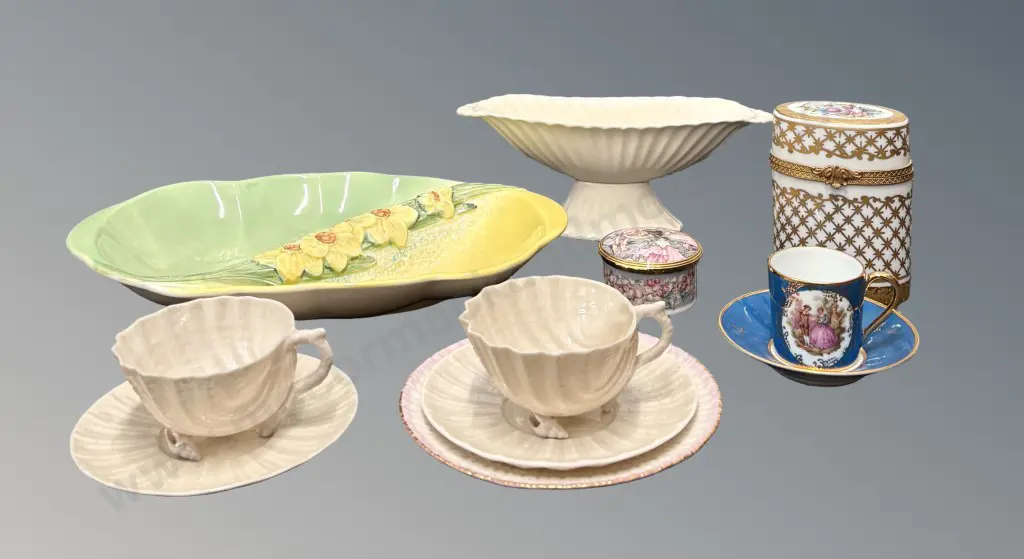 Beswick Daffodil Divided Dish, Royal Worcester Fairy Box, Spode Vase, Limoges Gilt Box and Belleek Cups & Saucers Image 1++