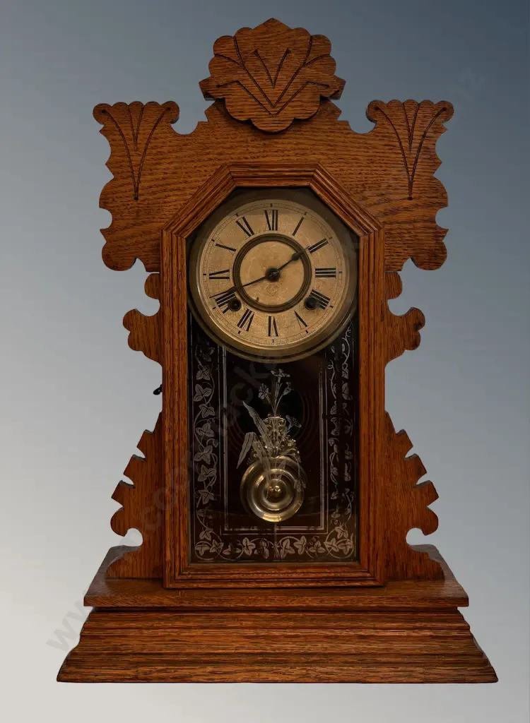 Ansonia Oak Cased Mantle Clock with Key, H57cm Image 1++