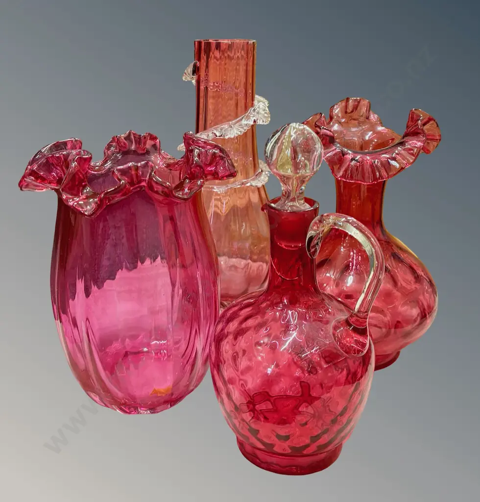Collection of Cranberry Glass - Ruffle Edged Glasses (2), Footed Vase with Applied Flowers, Jug with Stopper AF Image 1++