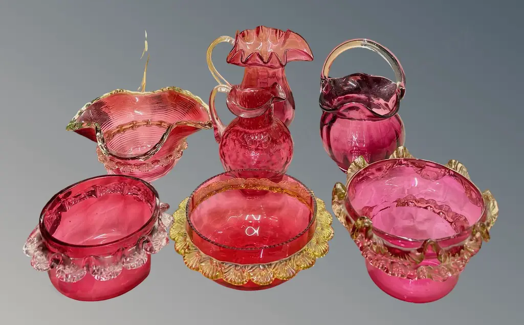 Collection of Cranberry Art Glass - Posy Bowls and Jugs Image 1++