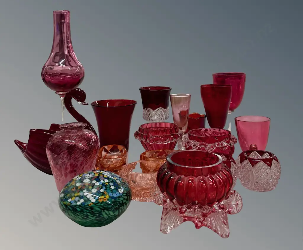 Collection of Ruby and Art Glass - Salt Cellars, Vases, Paper Weight,etc Image 1++
