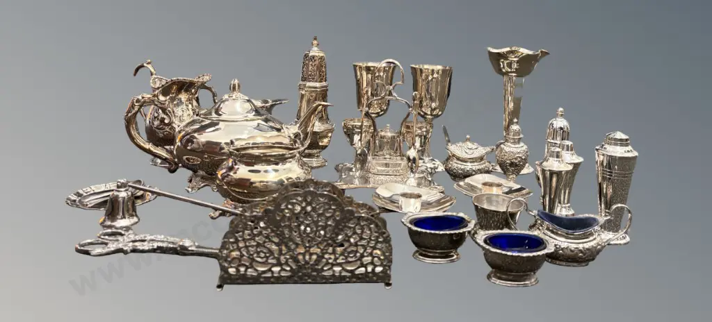 Assorted Silver Plate - Teapot, Creamers, Salt & Pepper Sets, Egg Server, Candle Snuff, Vase, Danish Candle Holders etc Image 1++