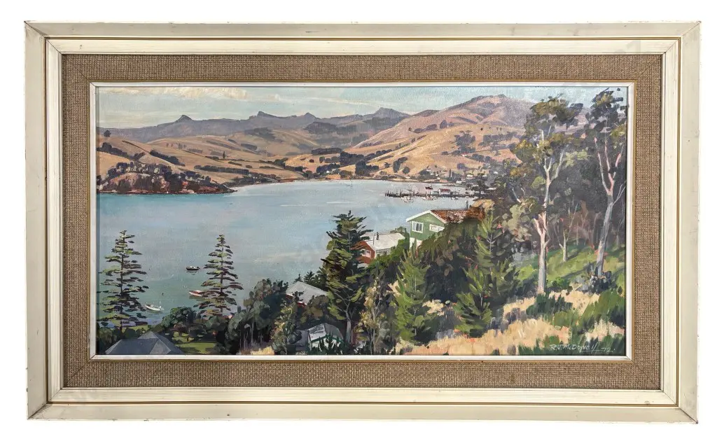 RJ McDowell - Akaroa from the Glen, oil on board, 330x635mm Image 1++