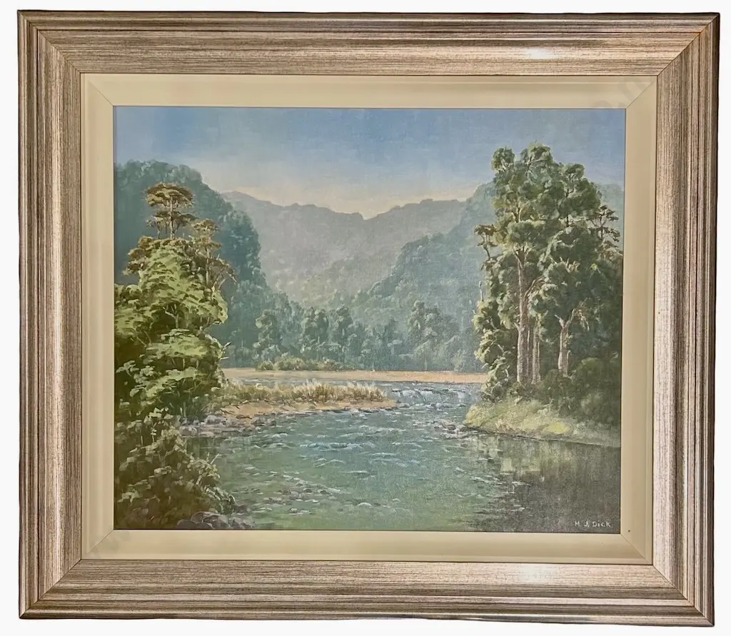 M J Dick - Hopuruahine, Lake Waikaremoana, oil on board, 490x590mm Image 1++