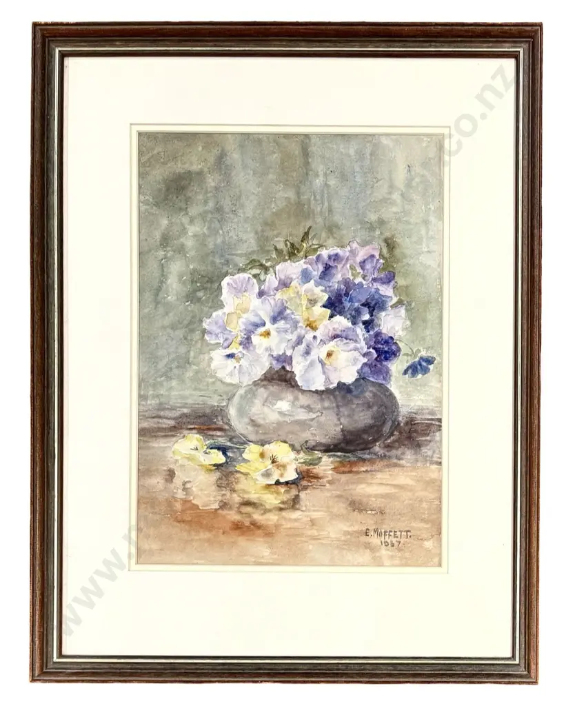 E Moffitt - Still Life, Pansies 1937, watercolour on paper, 340x230mm Image 1++
