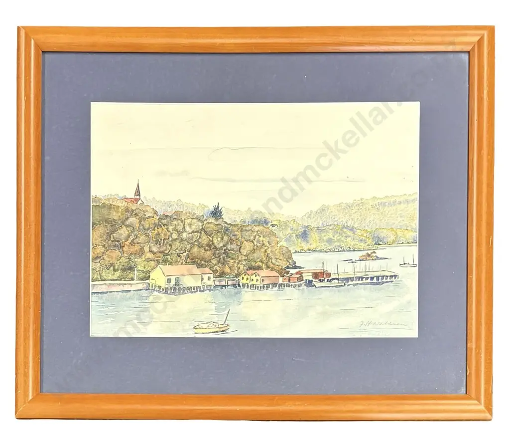 F H Waldron - Wharf and Boatsheds, watercolour on paper, 255x460mm Image 1++