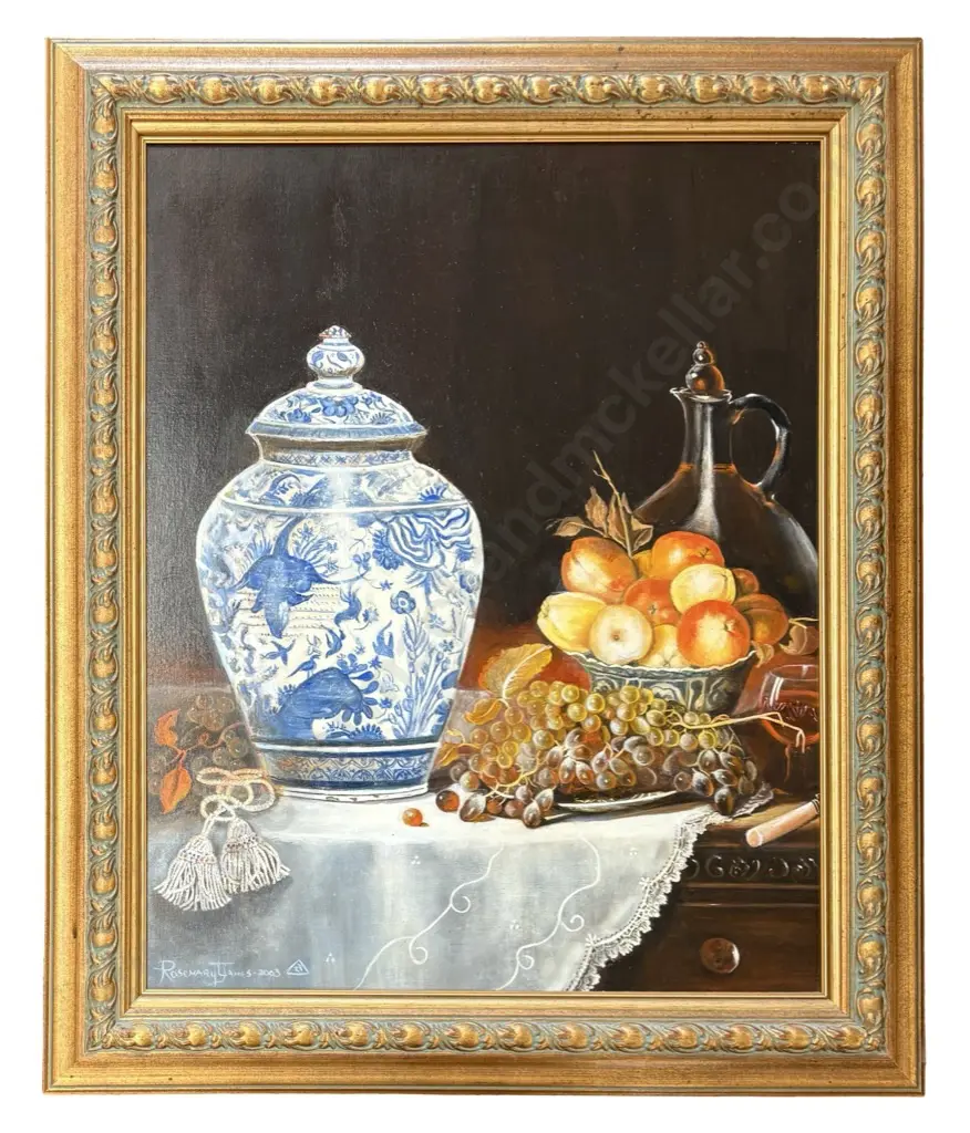 Rosemary James - Still Life, Delfts Vase with Fruit, 2003, acrylic on board, 665x530mm Image 1++