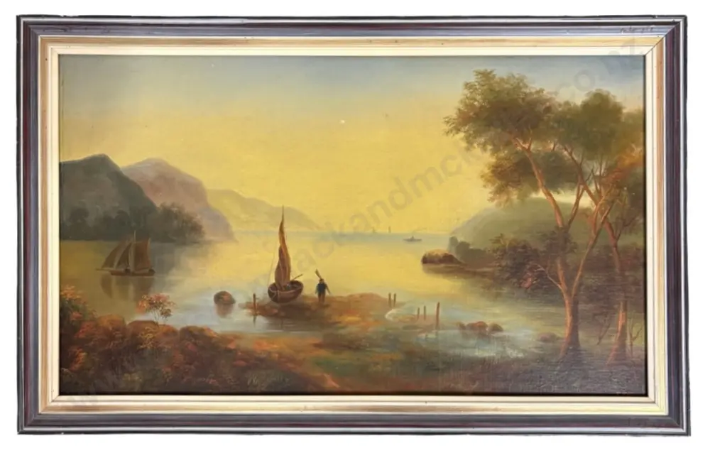 Signed Lower Left - Sailing on Lake, oil on board, 400x690mm Image 1++