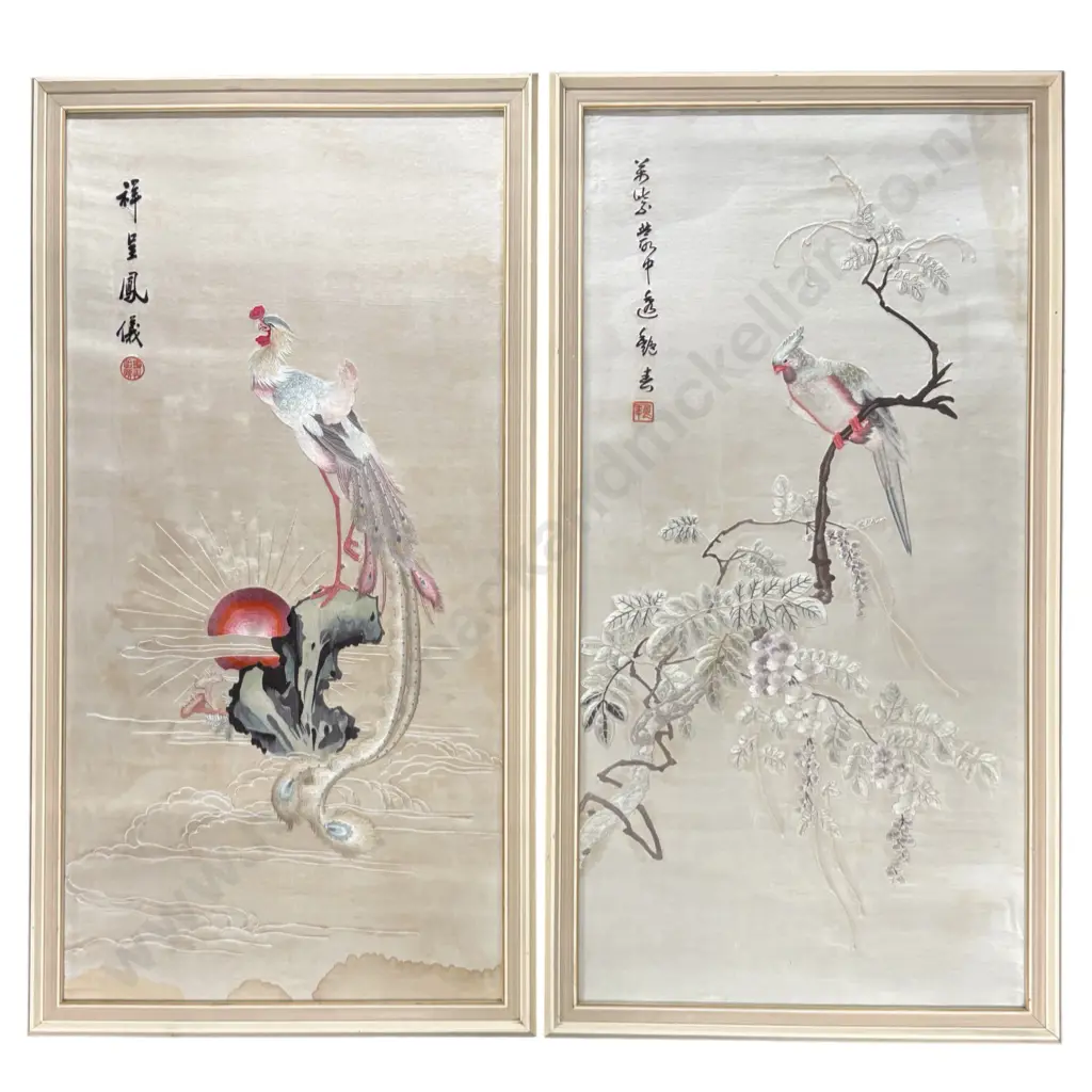 Pair of Signed Chinese Embroidered Silk Framed Works, AF water damage, 950x470mm Image 1++