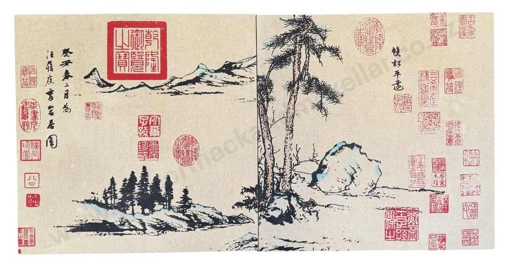 Pair of Chinese Linen on Board Trees and Hill Scapes, 600x600mm Image 1++