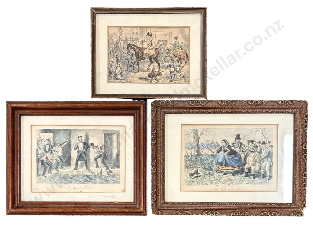 Three Hand Coloured Etchings - Figurative Victorian Scenes, 102x180 - 100x150mm Image 1++