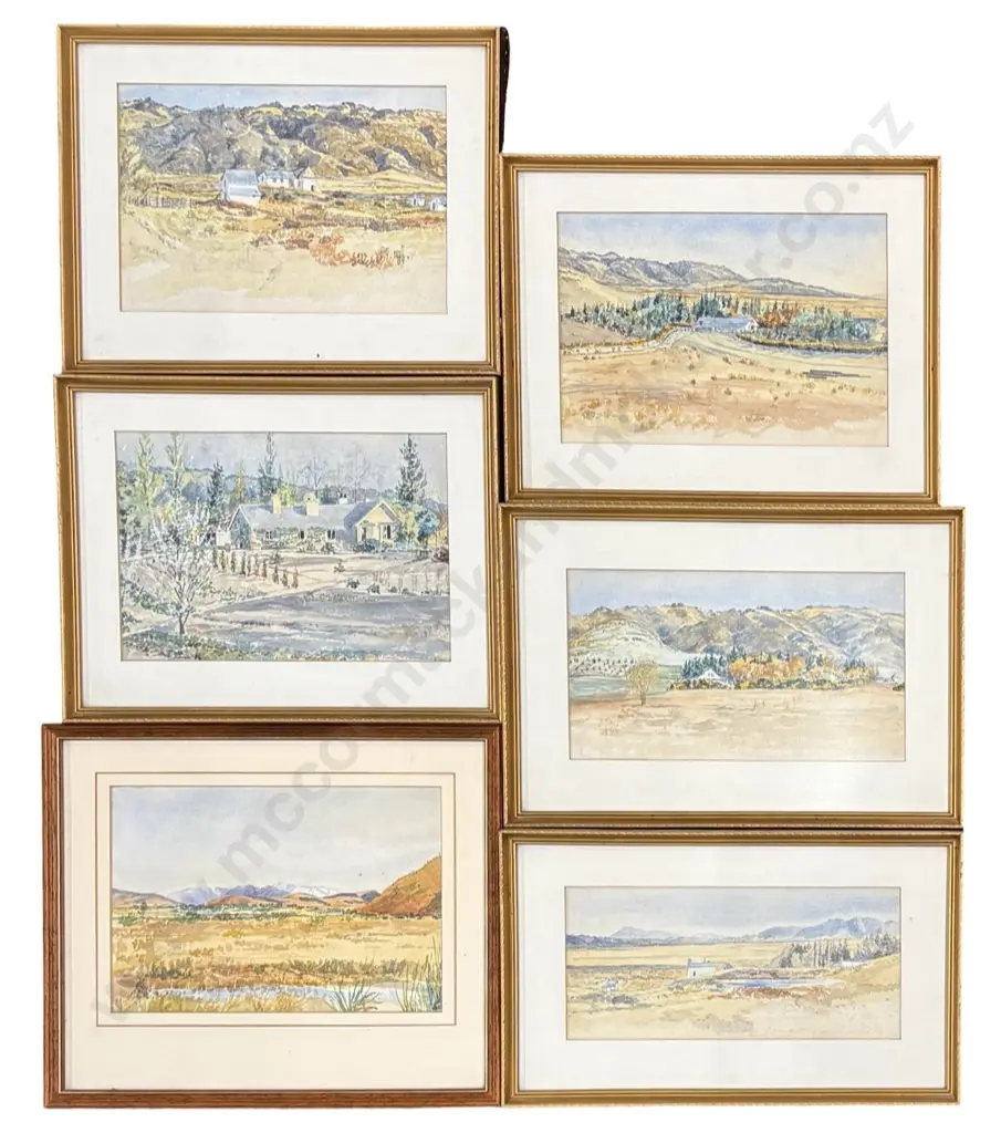 Unsigned - Set of 6 Hamilton Farm and Homestead, Otago, watercolour on paper, 170x240mm - 102x245mm Image 1++
