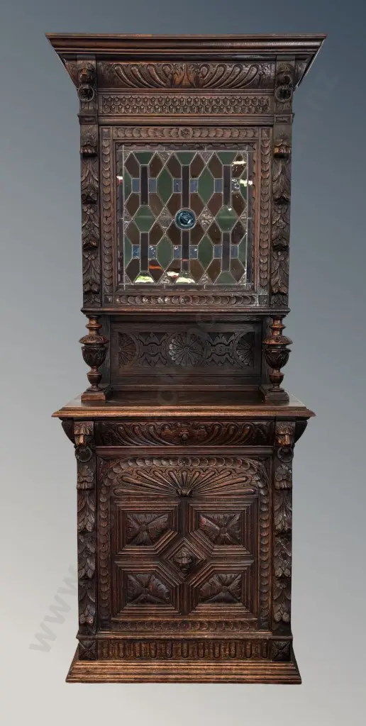 Dark Oak Ornately Carved Cabinet with Single Drawer and 2 Doors with the Upper Door Featuring a Stained Glass Panel, Image 1++