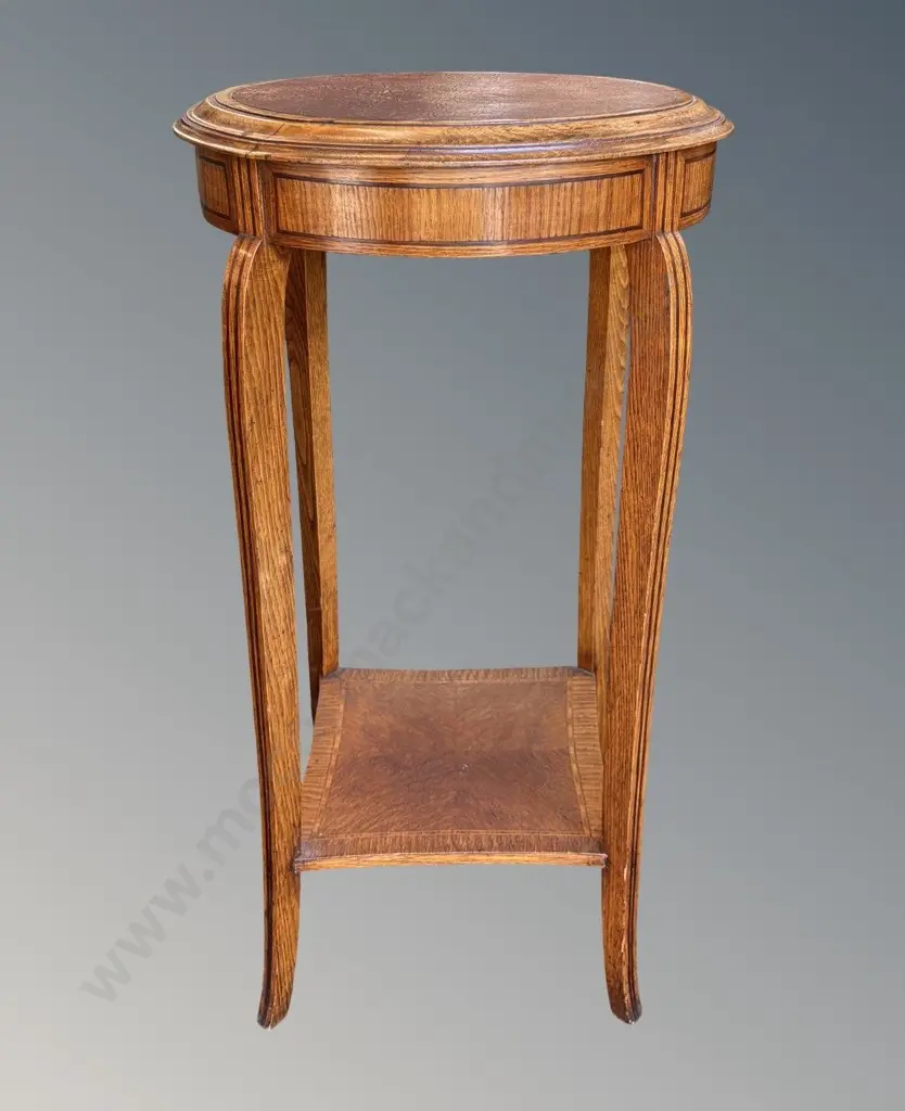 Round Oak Occasional Table with Leather Inlaid Shelf and Bottom Shelf, H74xD42cm Image 1++