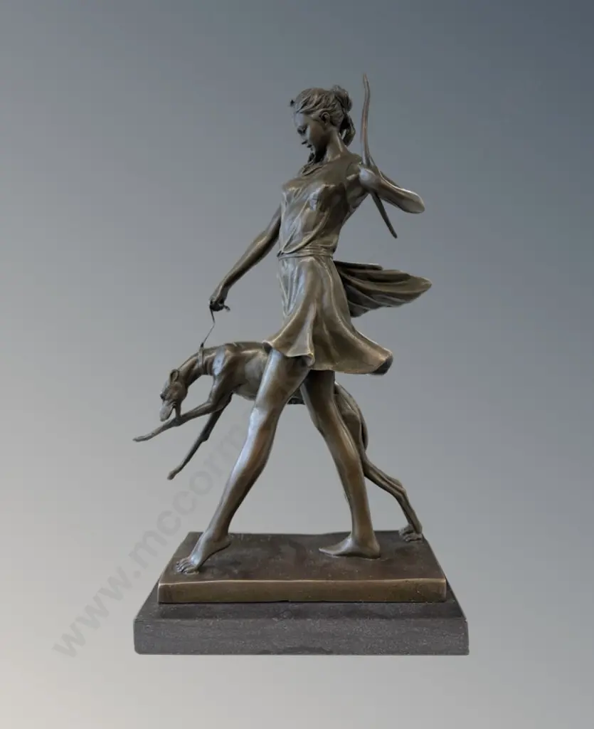 Bronze Woman and Greyhound Figure on Marble Base, signed E. McCartan, H31cm Image 1++