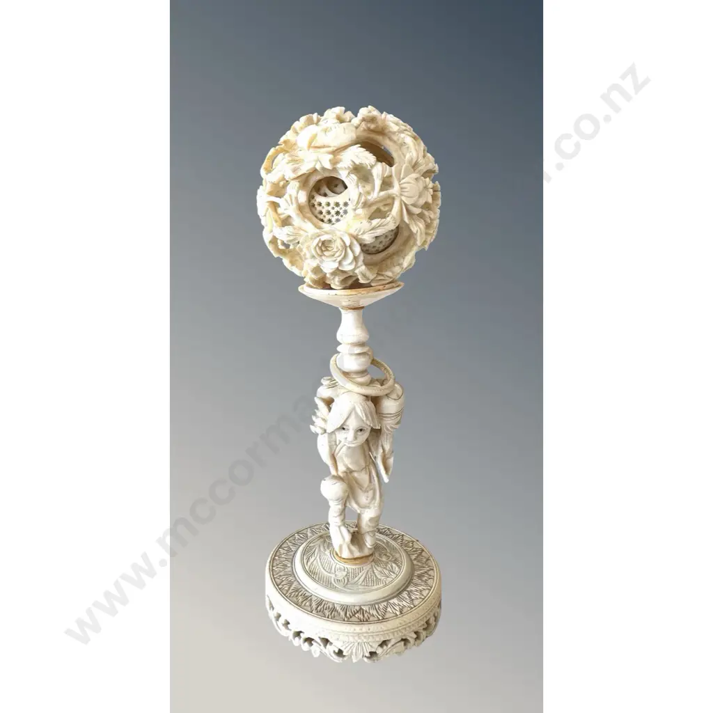 Ivory Carved Puzzle Ball on Figural Base, H16cm Image 1++