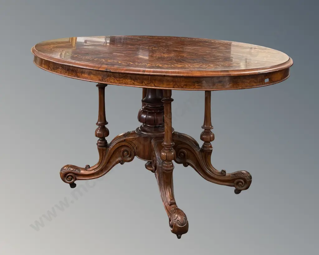 Burr Walnut and Fruitwood Inlaid Tilt Top Loo table on a Cathedral Base, H74xW137xD104 Image 1++