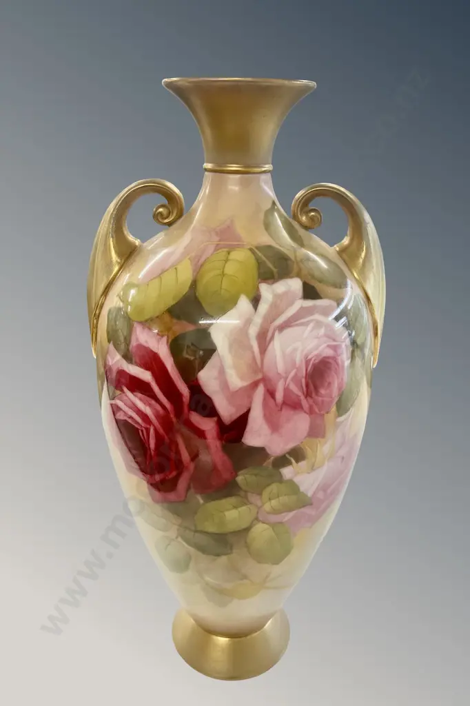 Royal Worcester Hand Painted and Gilt Twin Handled Vase, sgnd A Shuck, H36cm Image 1++