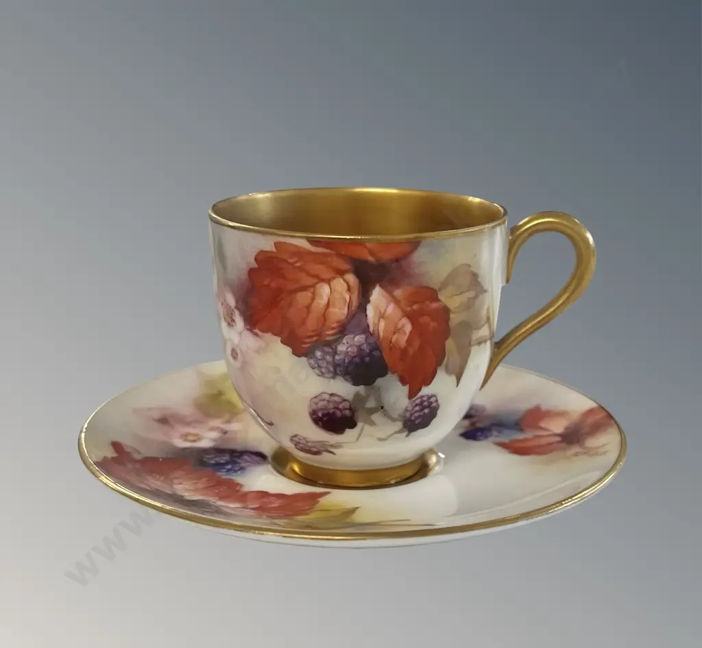Royal Worcester Hand Painted Gilt with Blackberries, Leaf and Blossom Cup and Saucer, sgnd K Blake, H6cm Image 1++