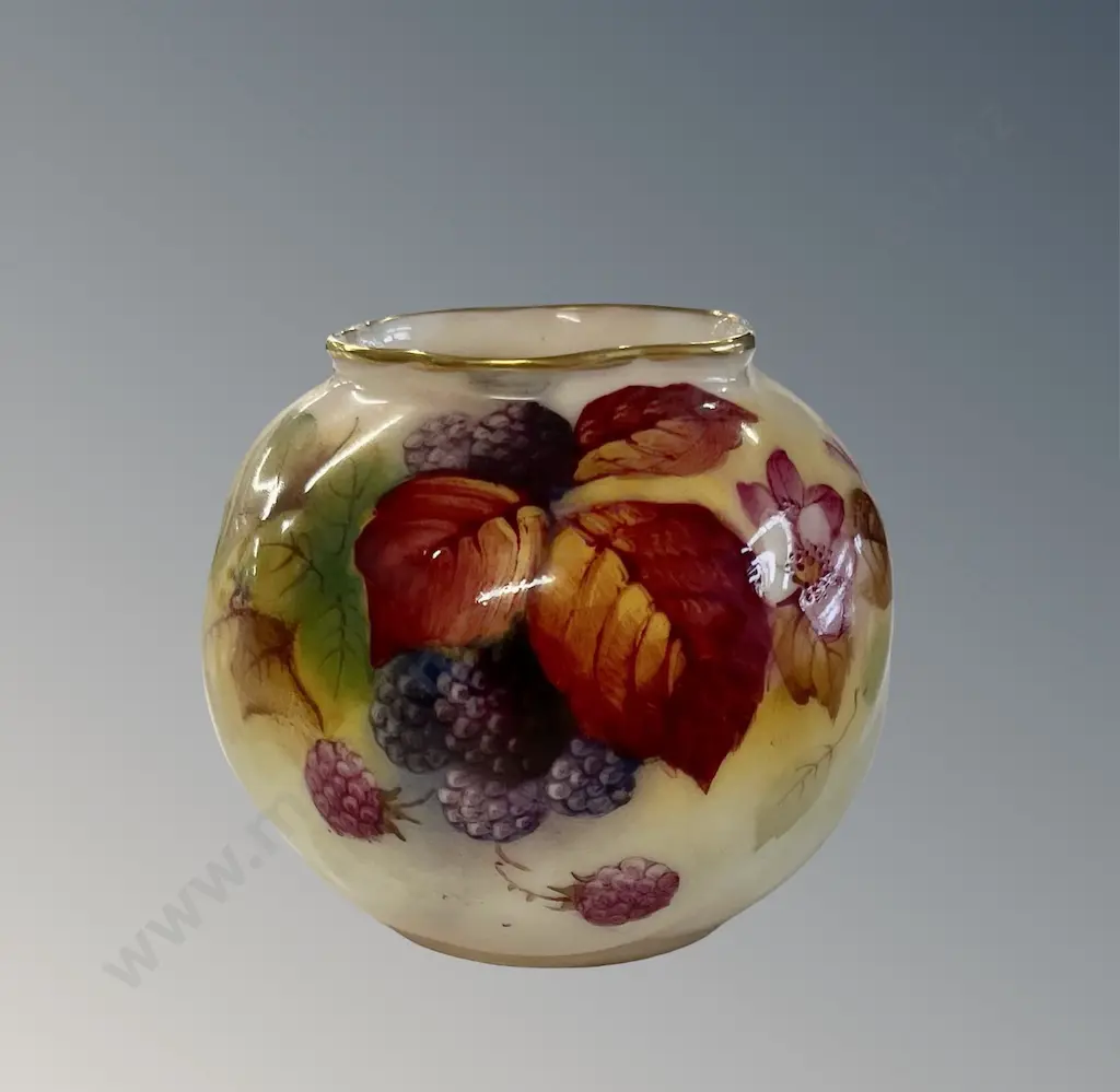 Royal Worcester Squat Vase Hand Painted with Blackberries, Leaves and Blossom, signd K Blake, H7cm Image 1++