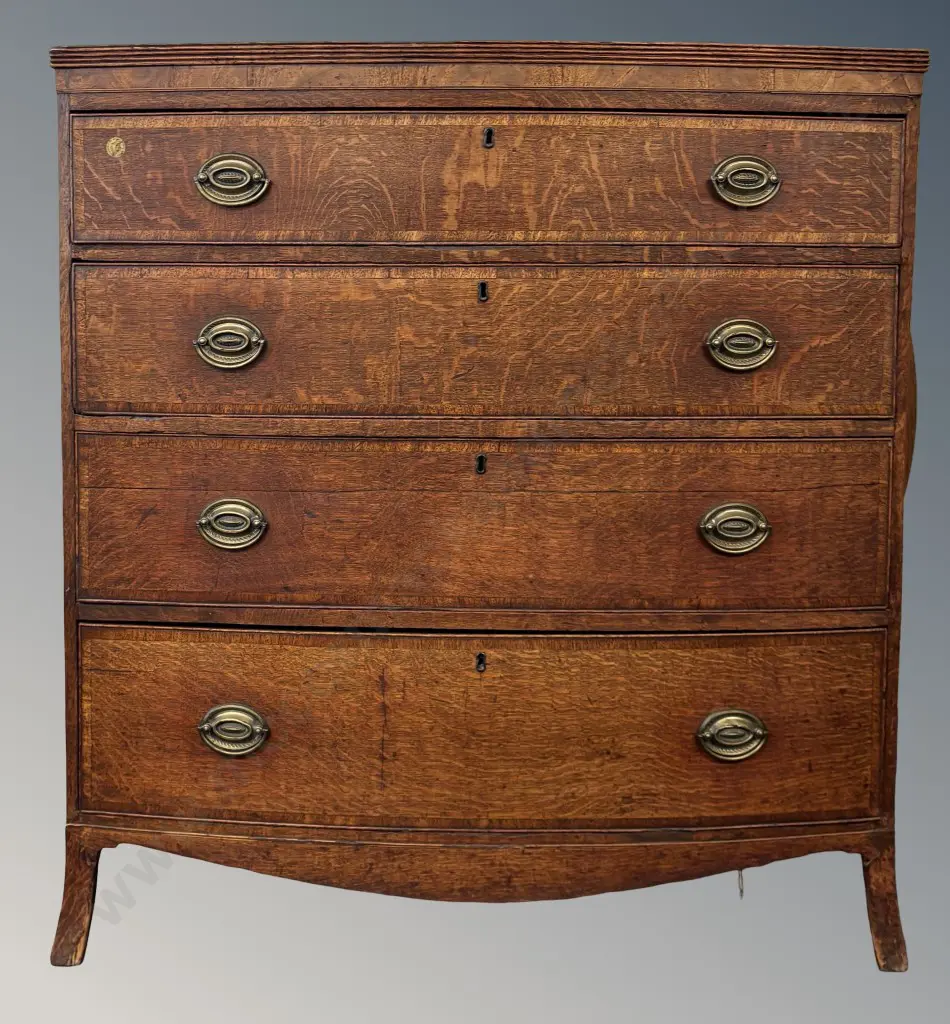 Georgian Oak 4 Drawer Bow Front Chest with Brass Drawer Pulls, H107xL99xD51cm (AF Borer) Image 1++