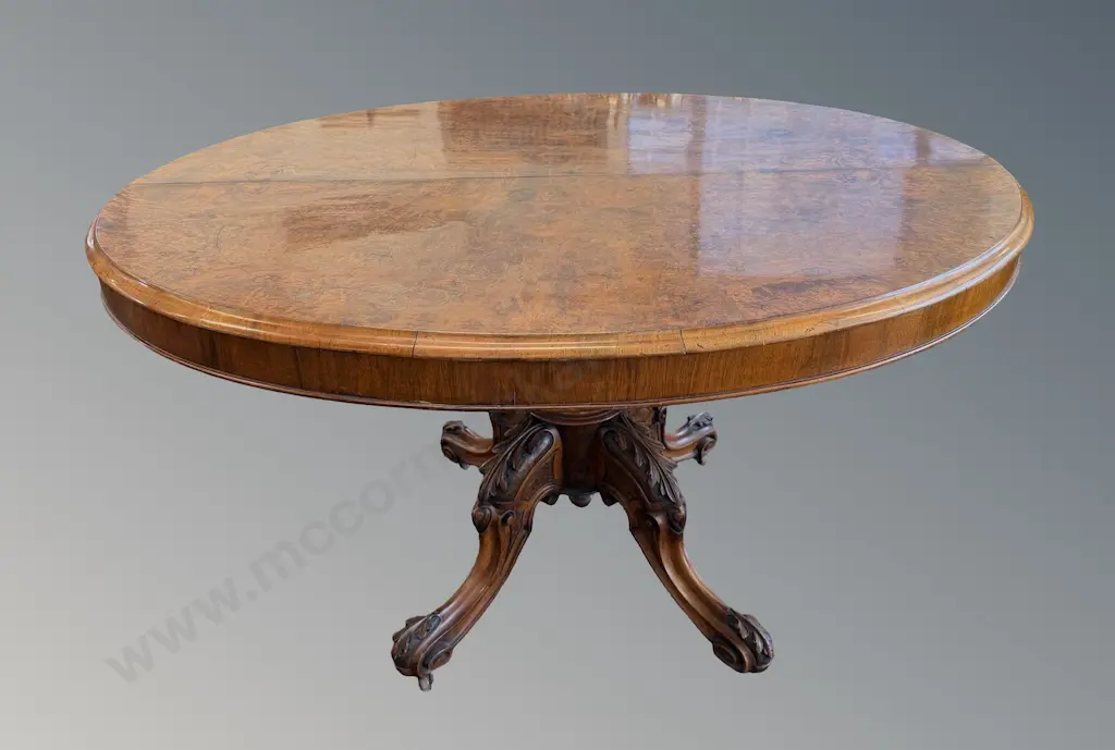 Burr Walnut Loo Table on Ornate 4 Point Base, H72xL125xW92cm Image 1++