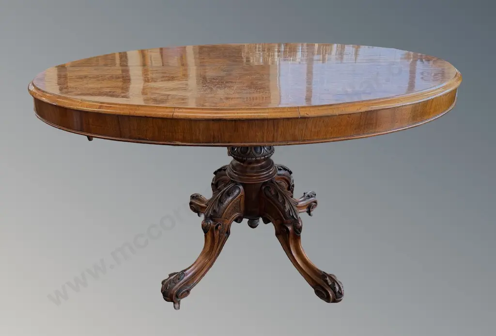Burr Walnut Loo Table on Ornate 4 Point Base, H72xL125xW92cm Image 1++