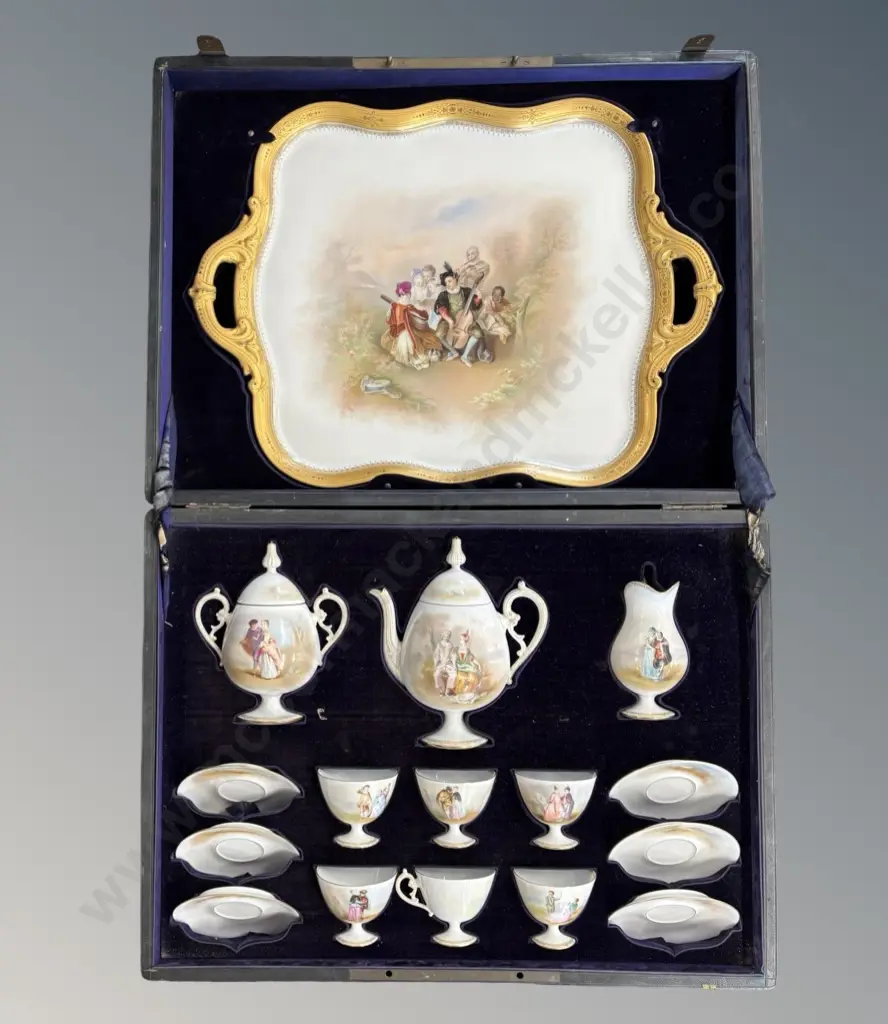 Leather Cased Demartial & Tallandier Limoges Tea Set with Gilded Figural Scenes  Image 1++